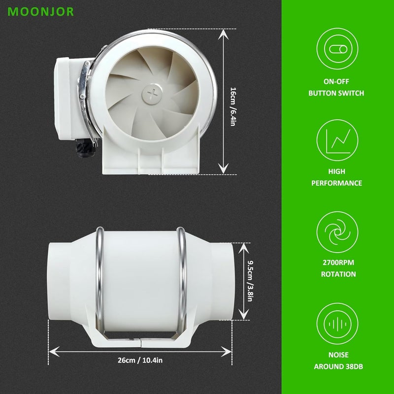 Moonjor 4inch Inline Duct Fan, Inline Ventilation Exhaust Fan, 120 CFM Duct Intake Extractor Fan for Vent Bathroom, Kitchen, Grow Tent, Hydroponics, 3D Printer - Image 2